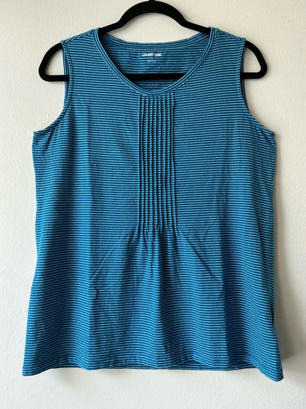 Lands' End Teal and White Striped Sleeveless Pintuck Tank